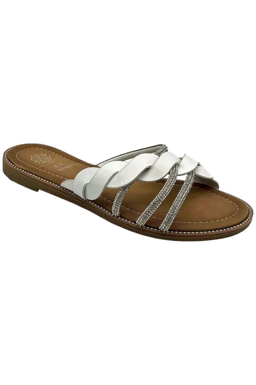 GC Shoes Women's Jolie Strappy Embellished Slip On Flat Sandals White - Medium